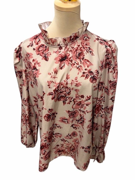 SHEIN Tops - SHEIN Pink Floral Blouse Ruffle Neck Long Sleeve Romantic Cottagecore Top XL